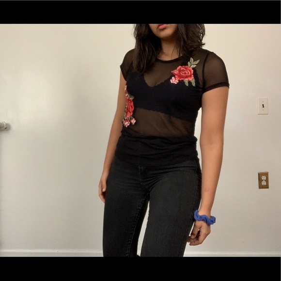 Mesh Top with Embroidered Roses - Picture 1 of 5